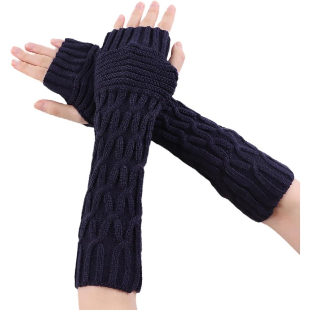 Women's Navy Thumb Hole Warm Arm Sleeves Fingerless Knit Wrist Mittens Gloves